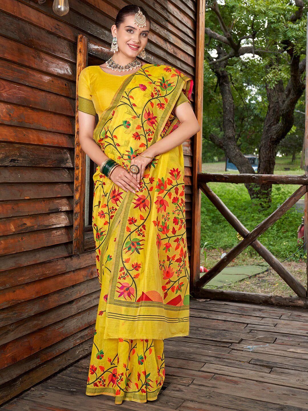 anouk yellow & red floral woven design organza saree