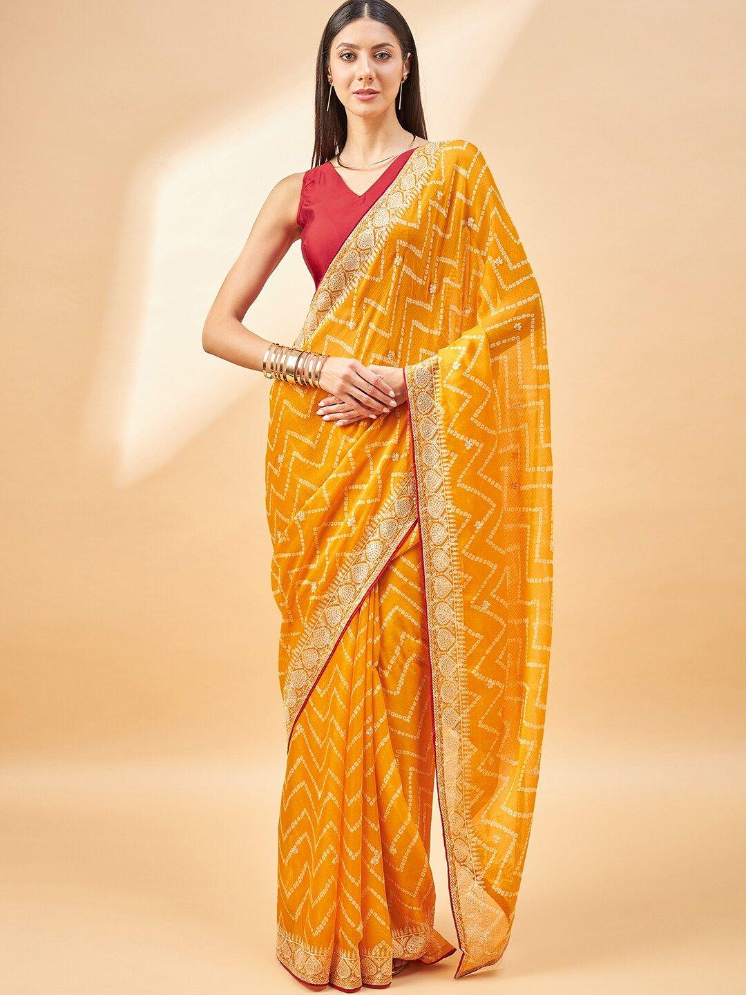 anouk yellow & white bandhani embroidered pure chiffon bandhani saree
