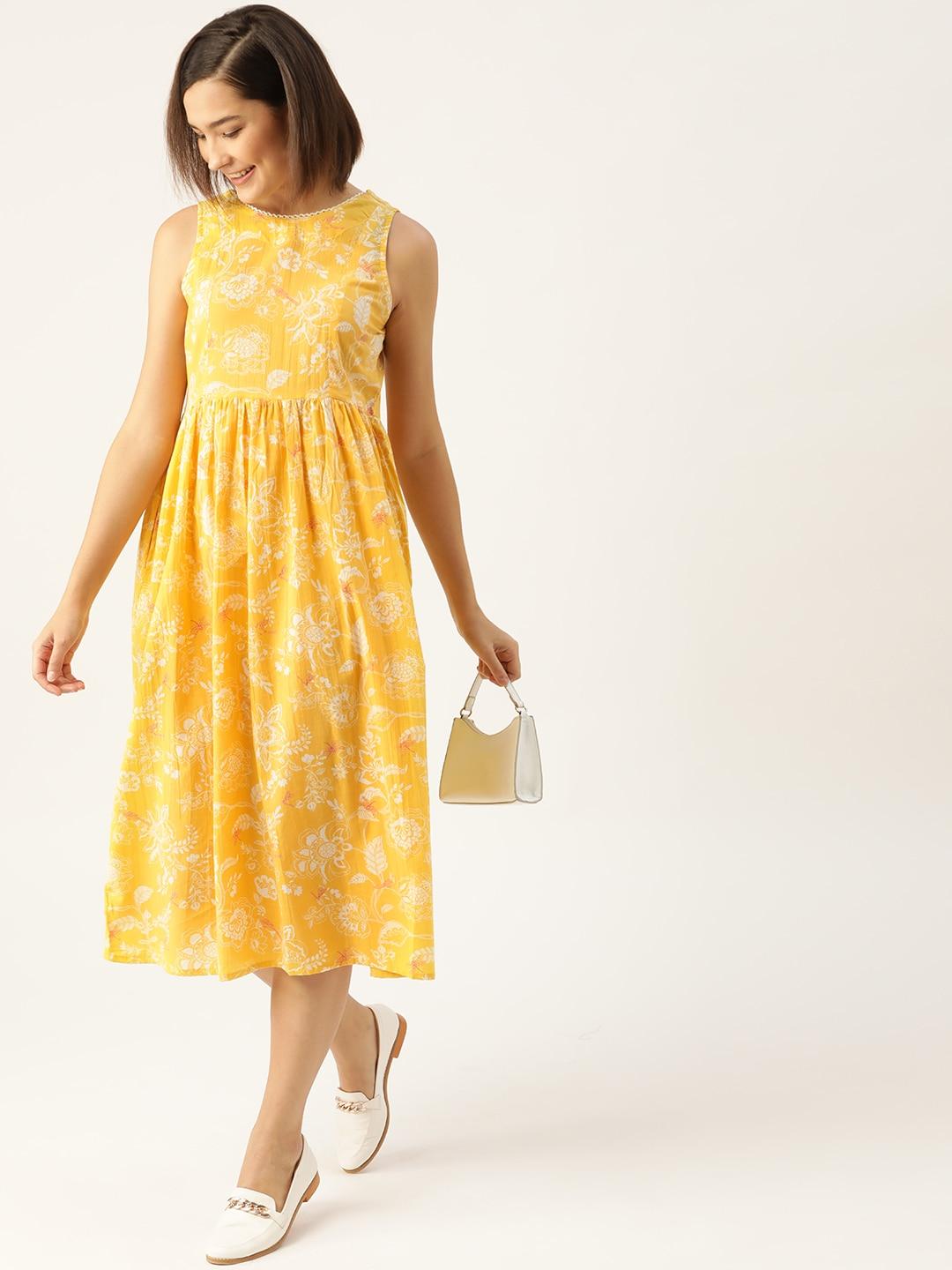 anouk yellow & white ethnic motifs cotton a-line midi dress