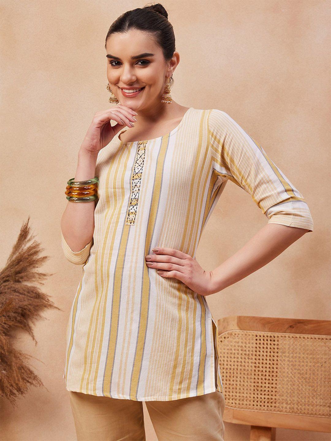 anouk yellow & white striped pure cotton straight kurti