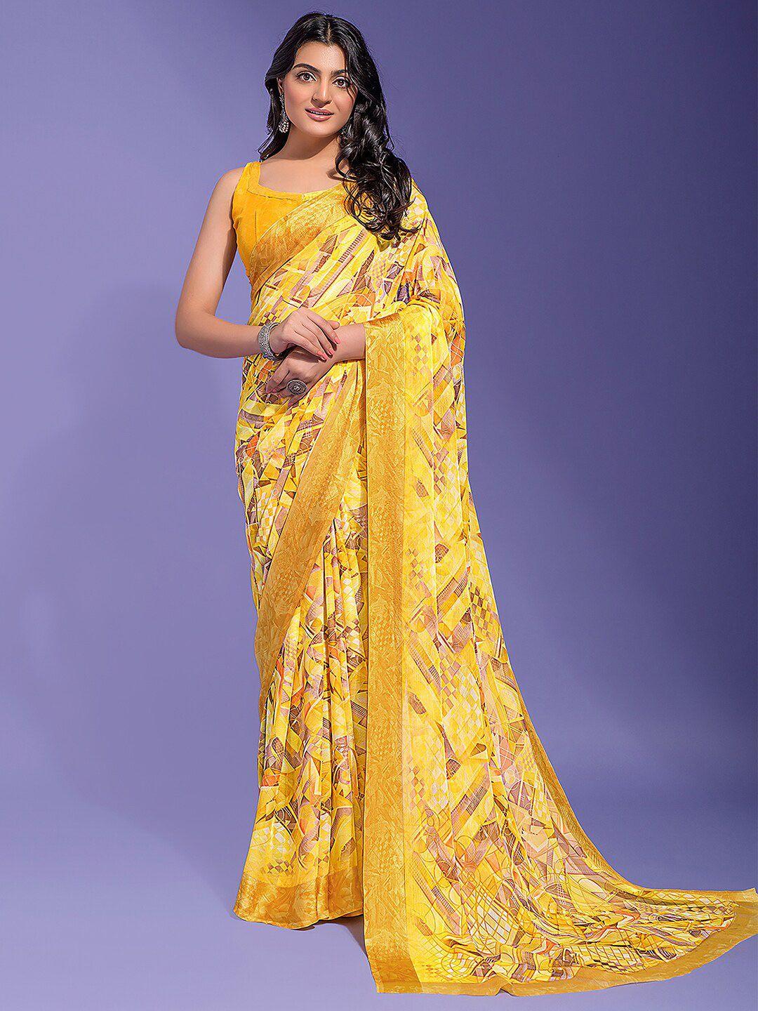 anouk yellow abstract block printed pure chiffon saree