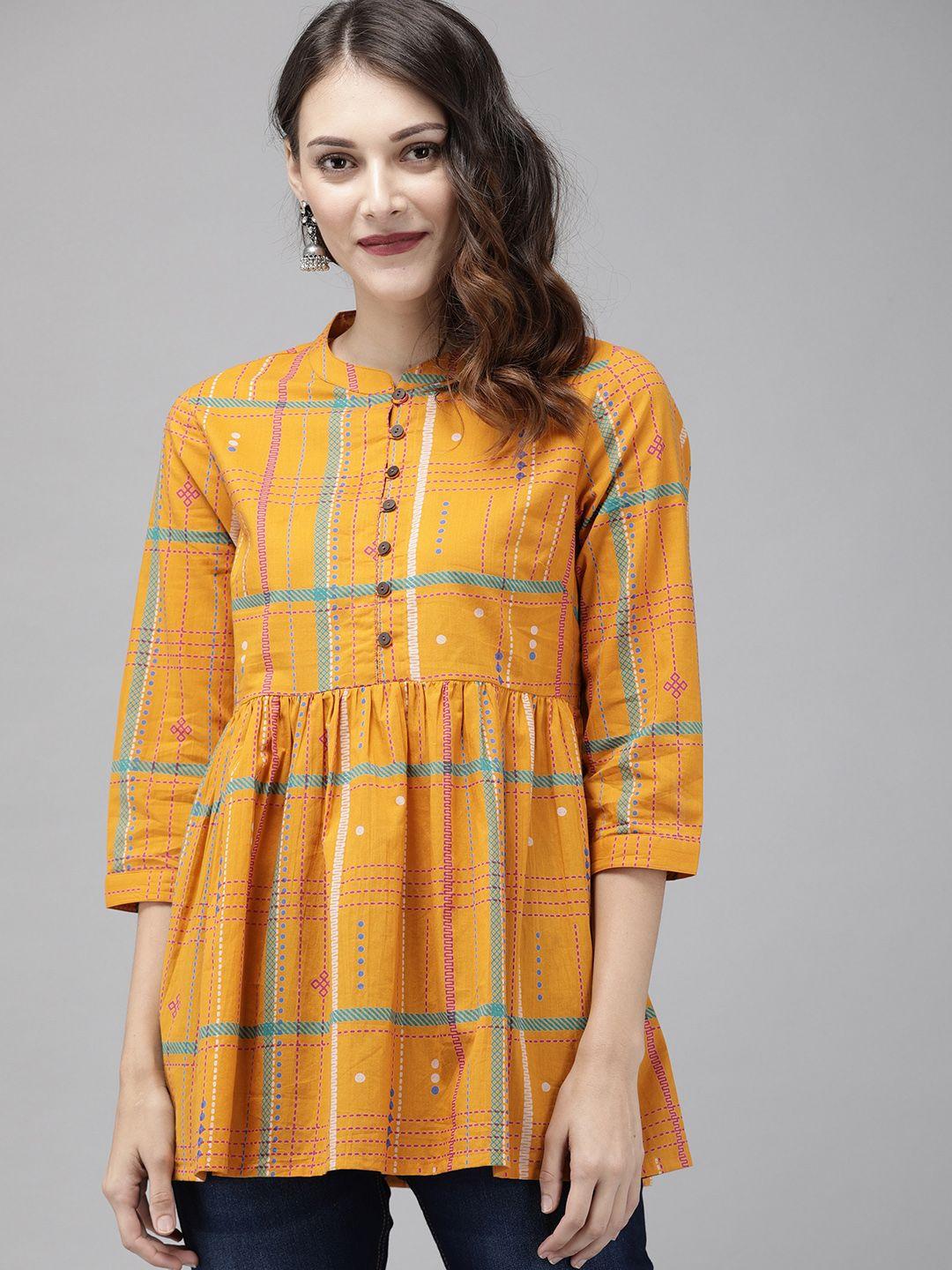 anouk yellow checked pure cotton top