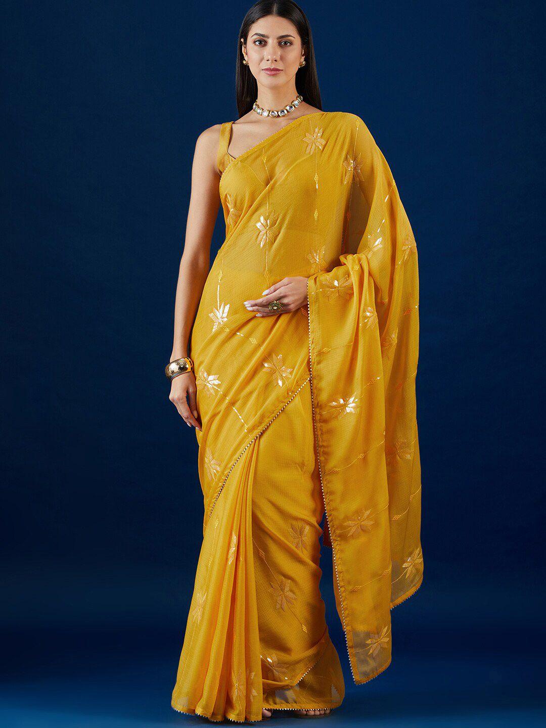 anouk yellow floral embroidered pure chiffon saree
