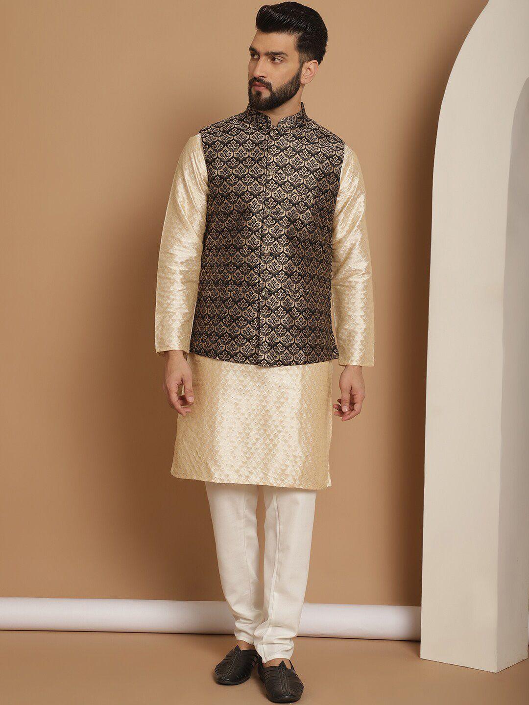 anouk  ethnic motifs print mandarin collar straight kurta & churidar with nehru jacket