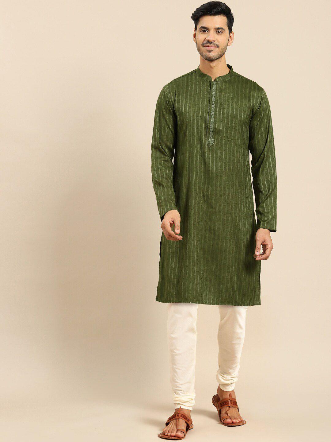 anouk  striped mandarin collar regular thread work kurta with churidar