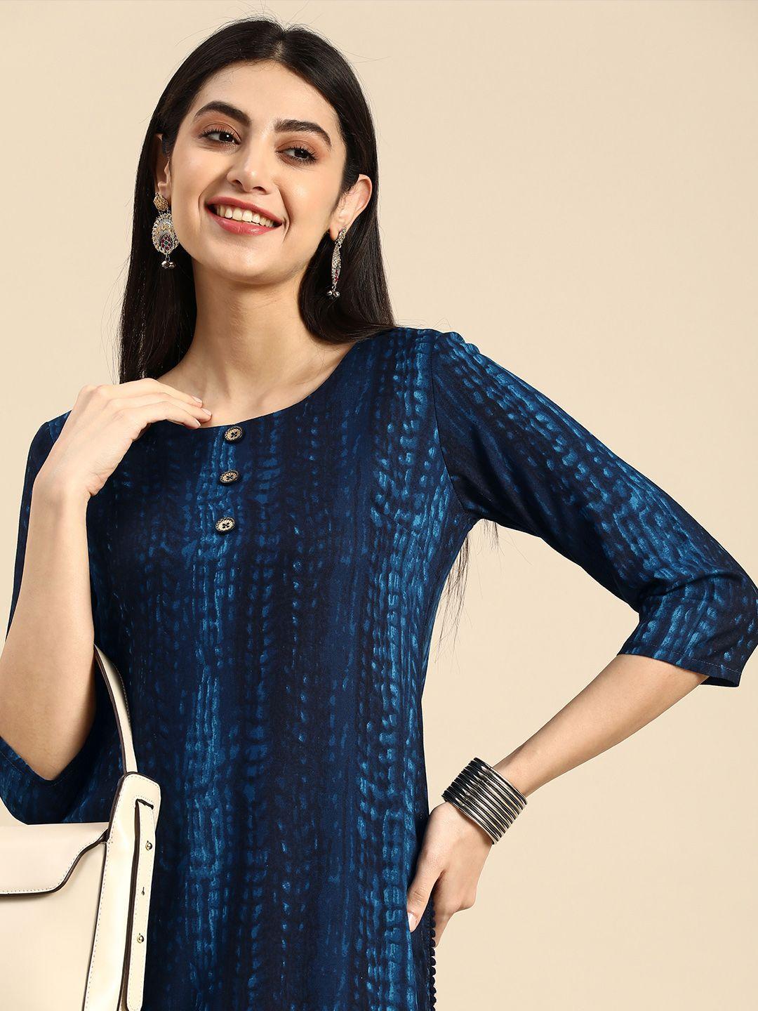 anouk abstract printed indigo straight kurta