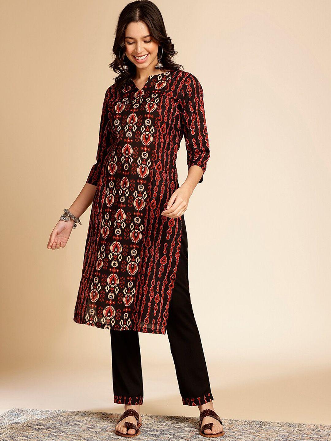 anouk abstract printed notched neck regular pure cotton straight kurta with trousers