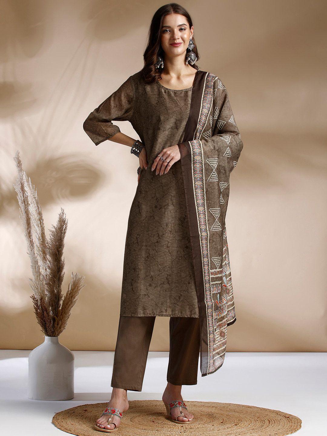 anouk abstract printed regular chanderi cotton kurta with trousers & dupatta