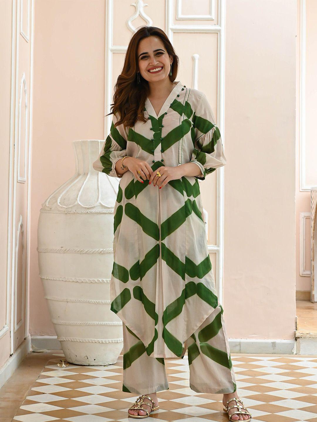 anouk abstract printed v-neck asymmetric pure cotton kurta with trousers