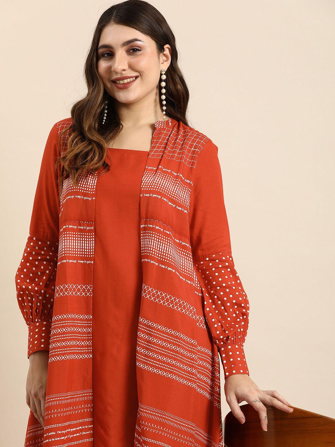 anouk band collar geometric printed layered a-line kurta