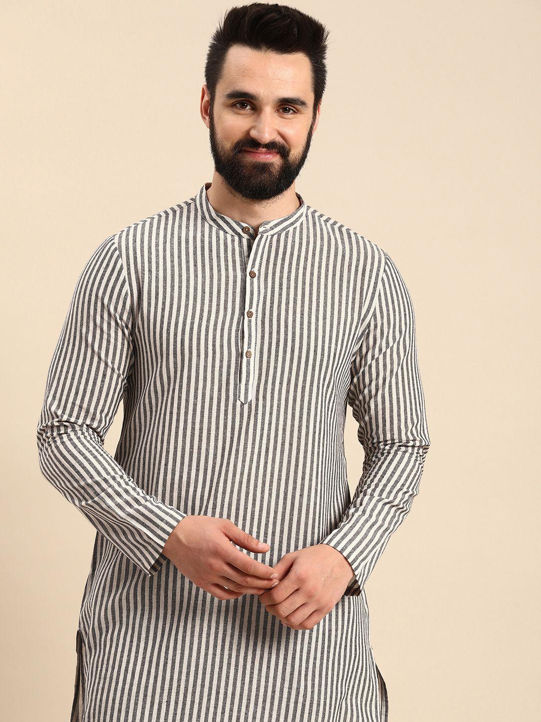 anouk band collar knee length striped kurta