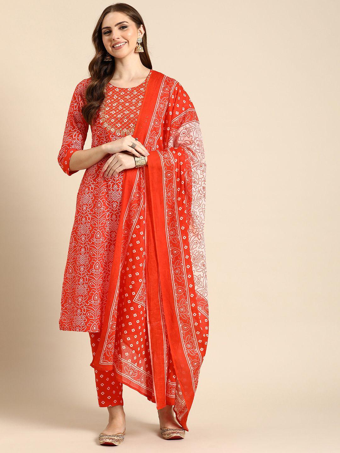 anouk bandhani printed regular sequinned kurta with trousers & dupatta