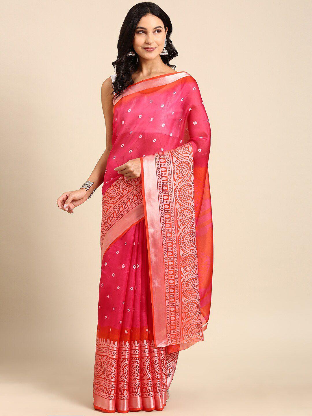 anouk bandhani pure cotton zari saree with blouse piece