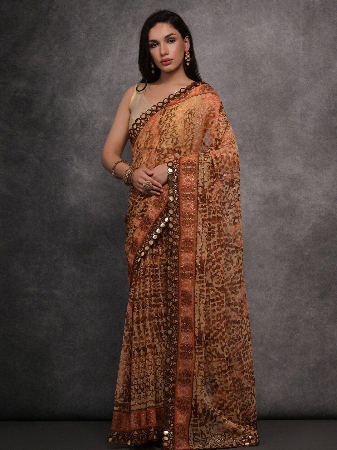 anouk beige & brown ethnic motifs embellished gotta patti pure georgette saree