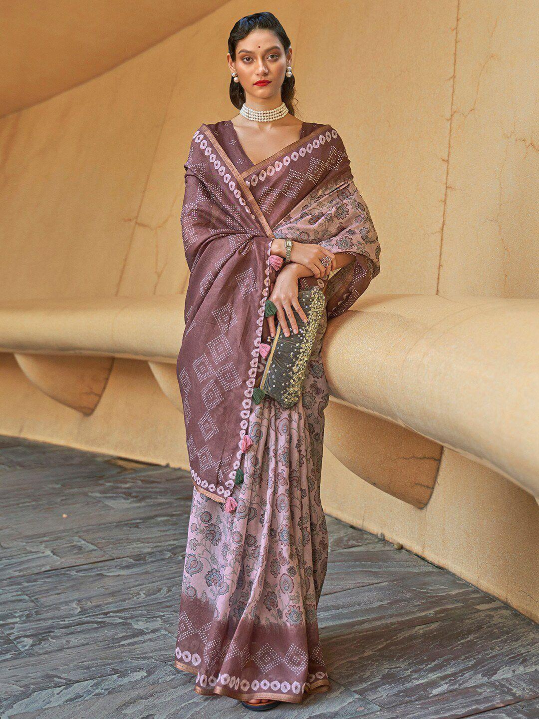 anouk beige & gold-toned floral zari bagh saree