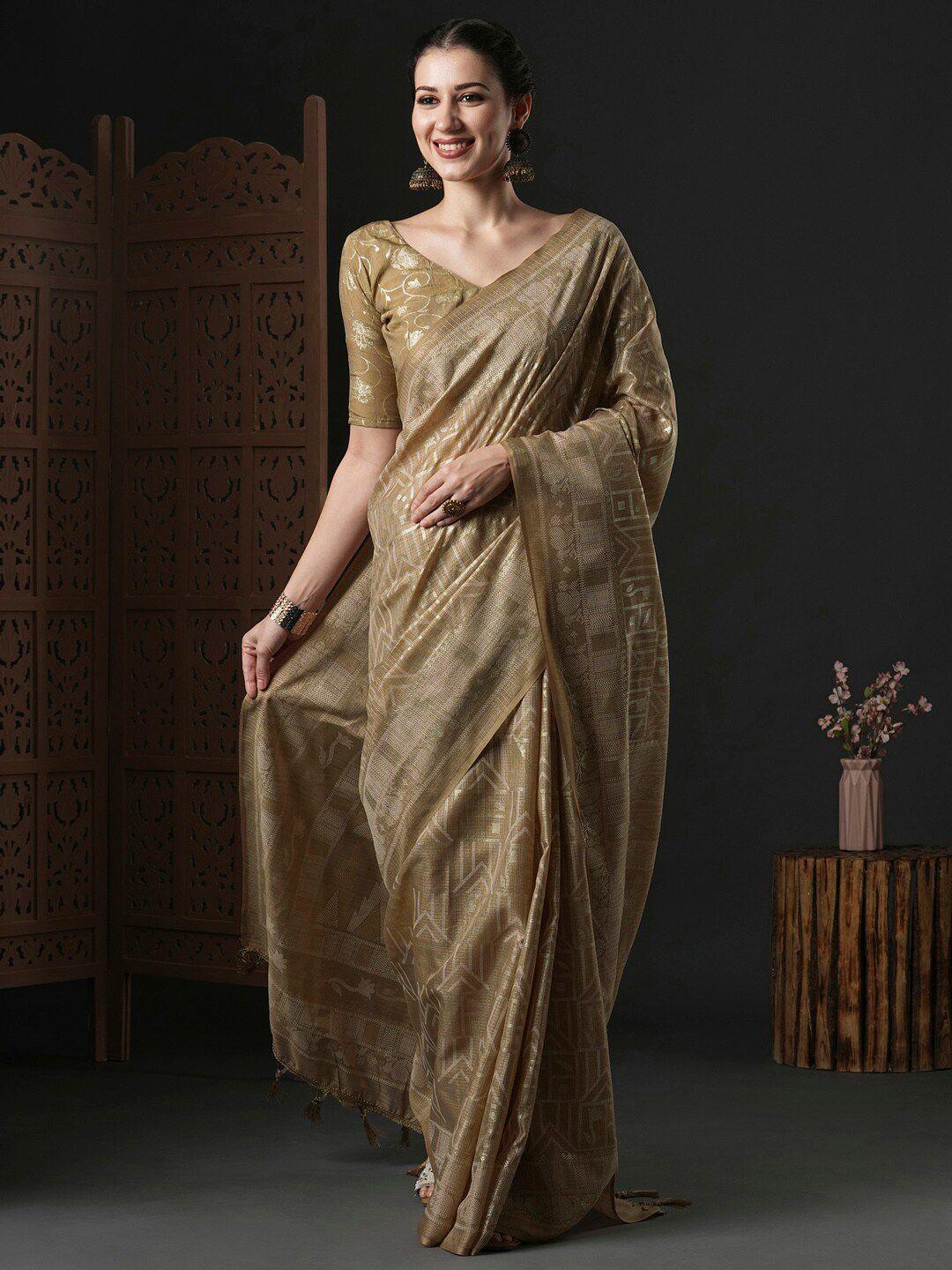 anouk beige & gold-toned geometric printed zari saree