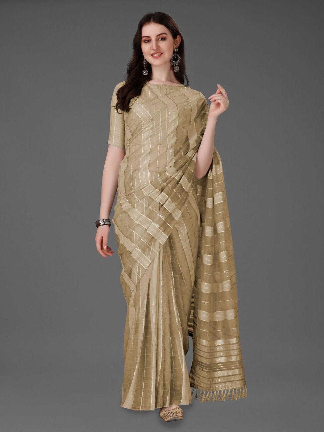 anouk beige & gold-toned striped zari silk cotton saree