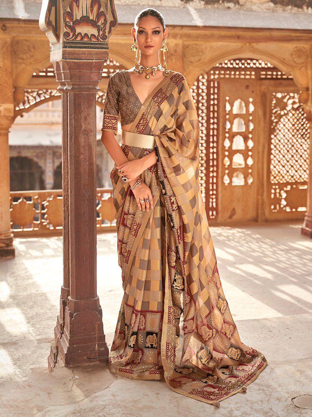 anouk beige & maroon checked beads and stones pure georgette patola saree