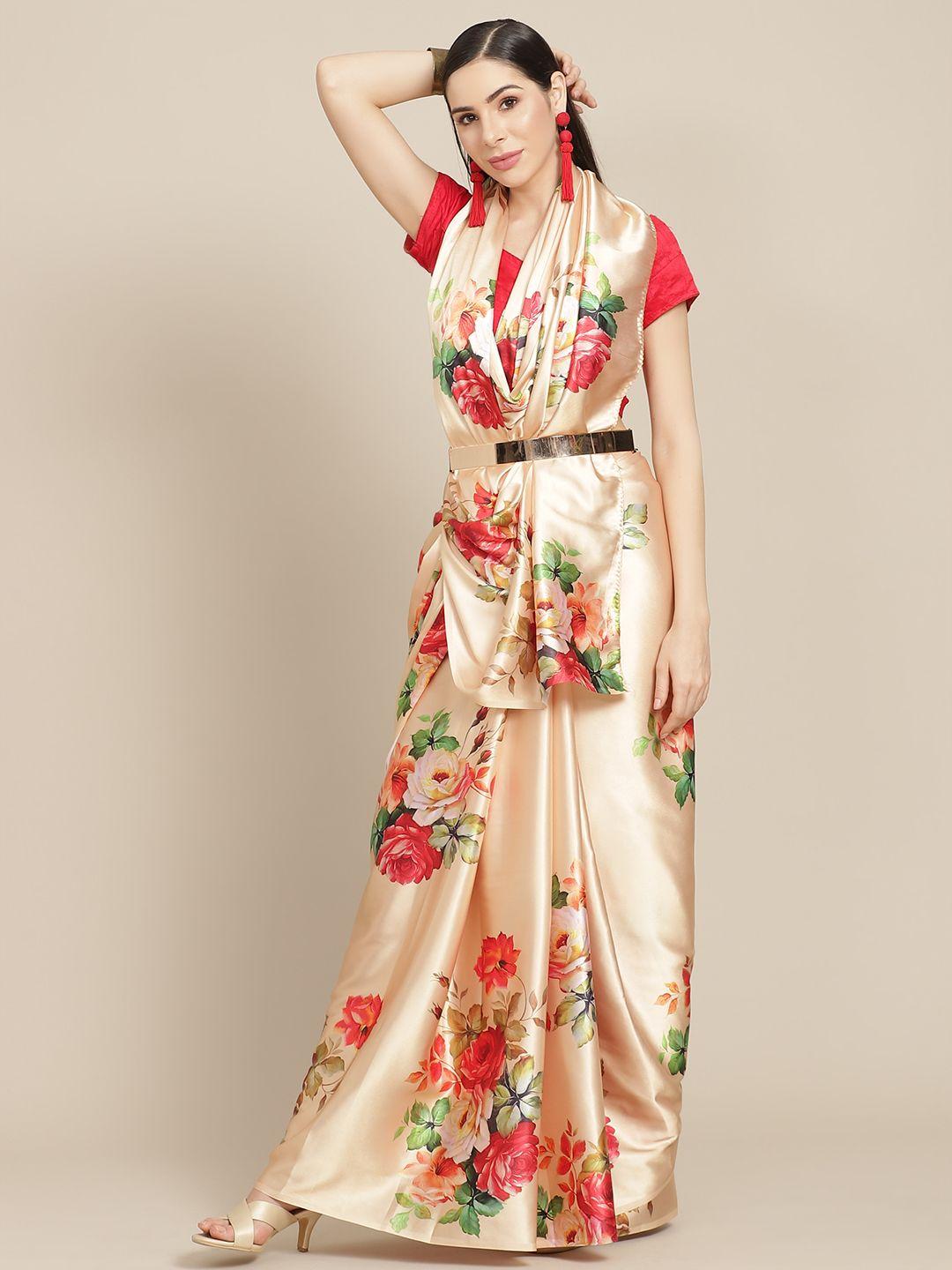 anouk beige & maroon floral printed satin saree