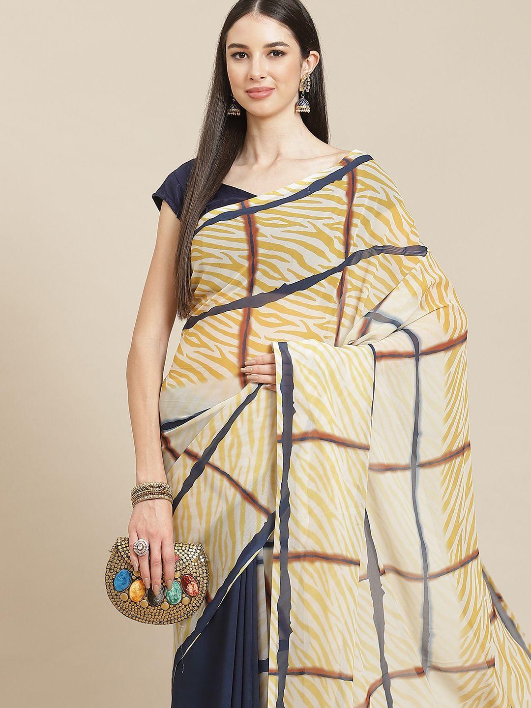 anouk beige & navy blue printed saree