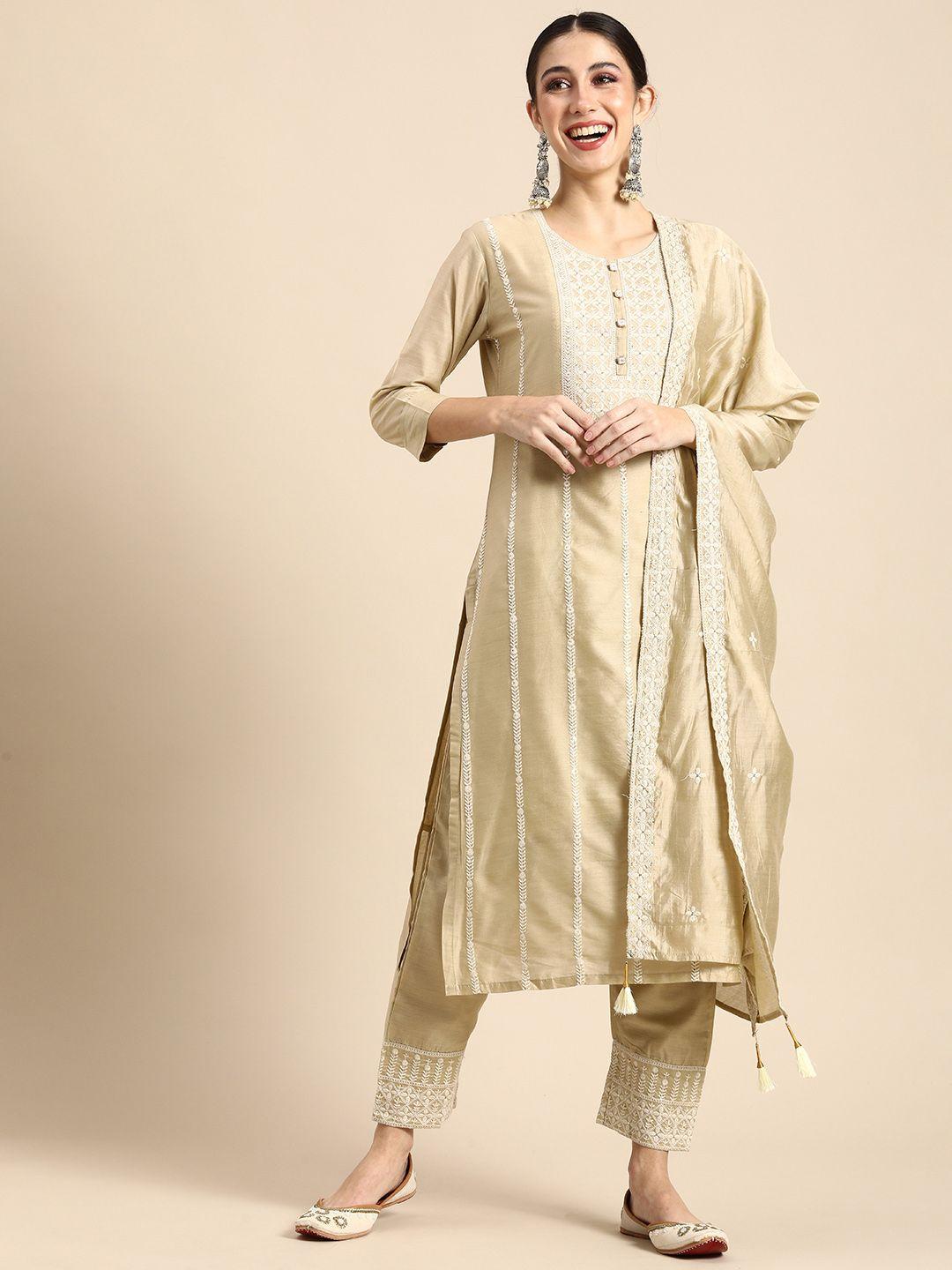 anouk beige & off white embroidered kurta with palazzos & dupatta