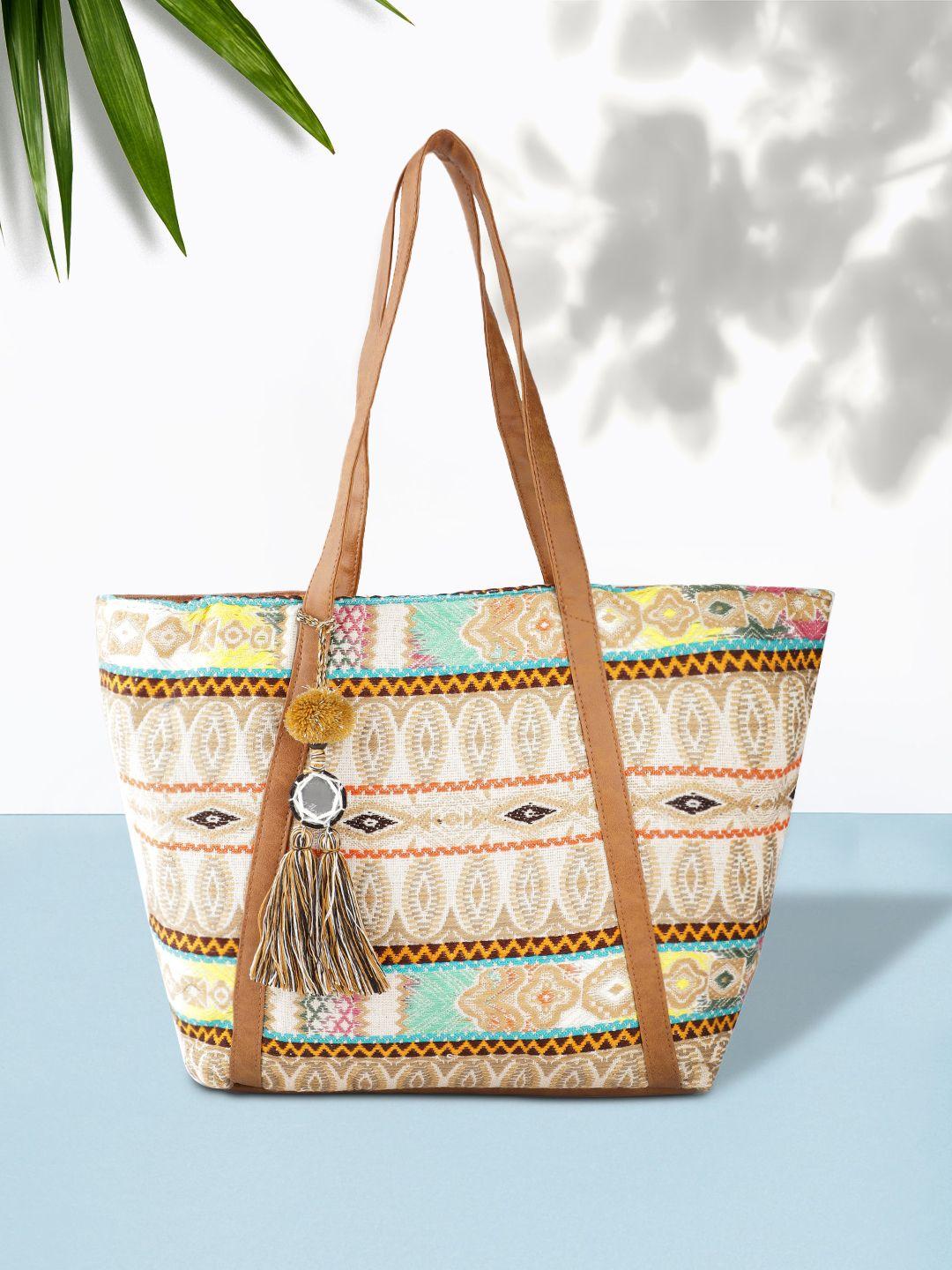 anouk beige & off-white ethnic motif jacquard woven design tote bag with tasselled detail