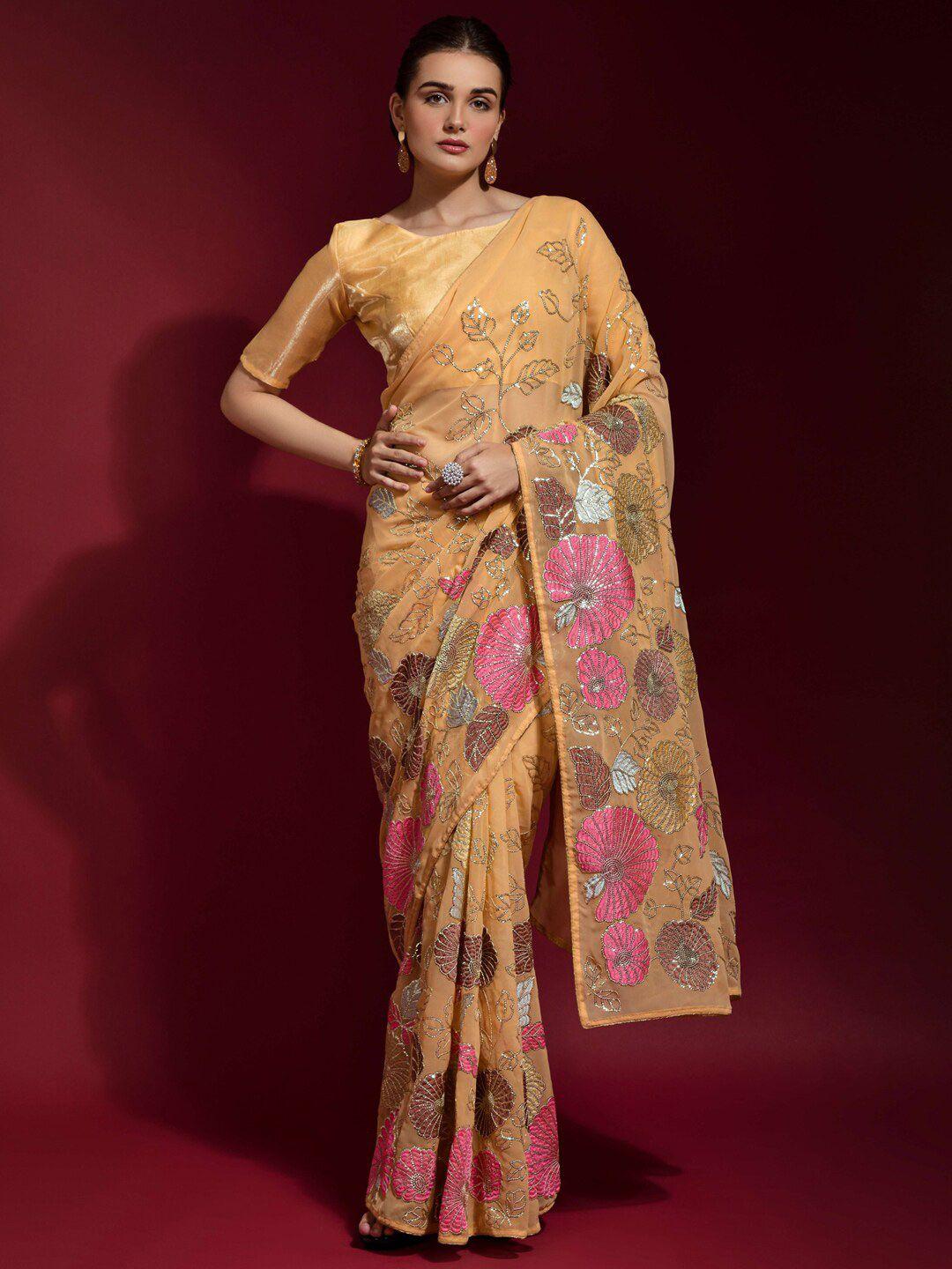 anouk beige & pink embellished sequinned pure georgette saree