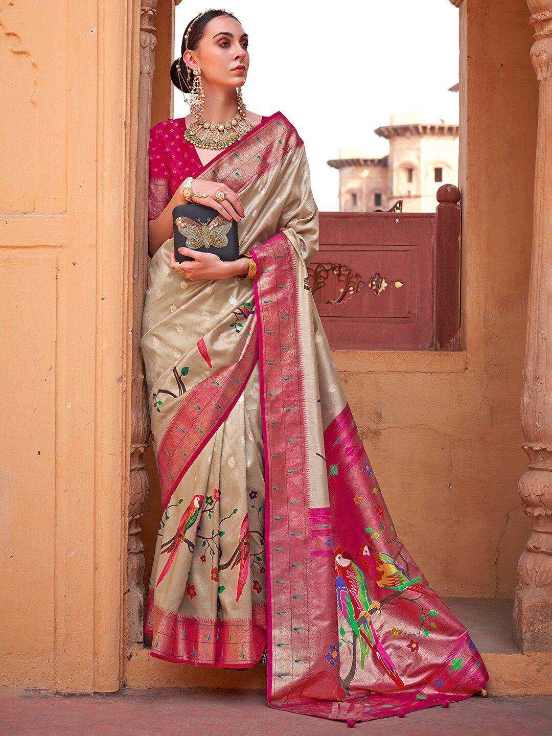 anouk beige & pink ethnic motifs zari silk blend banarasi saree