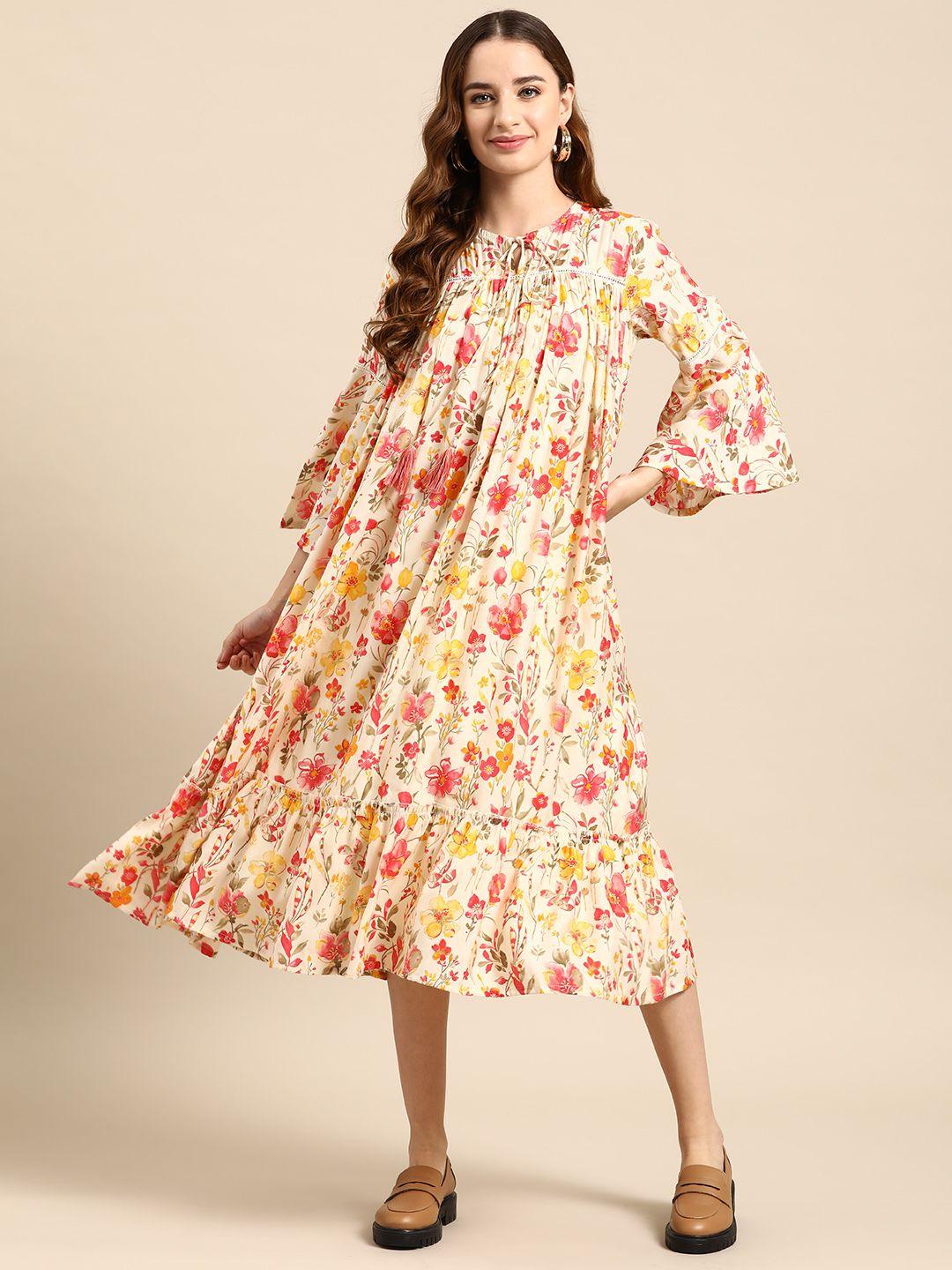 anouk beige & pink floral print tie-up neck bell sleeve a-line midi dress