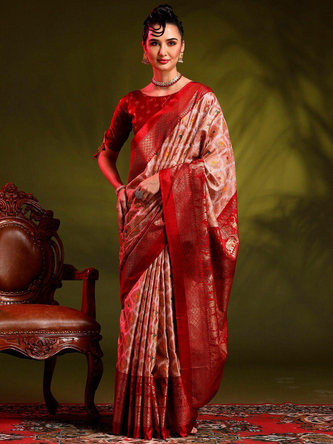 anouk beige & red ethnic motifs printed bomkai silk saree