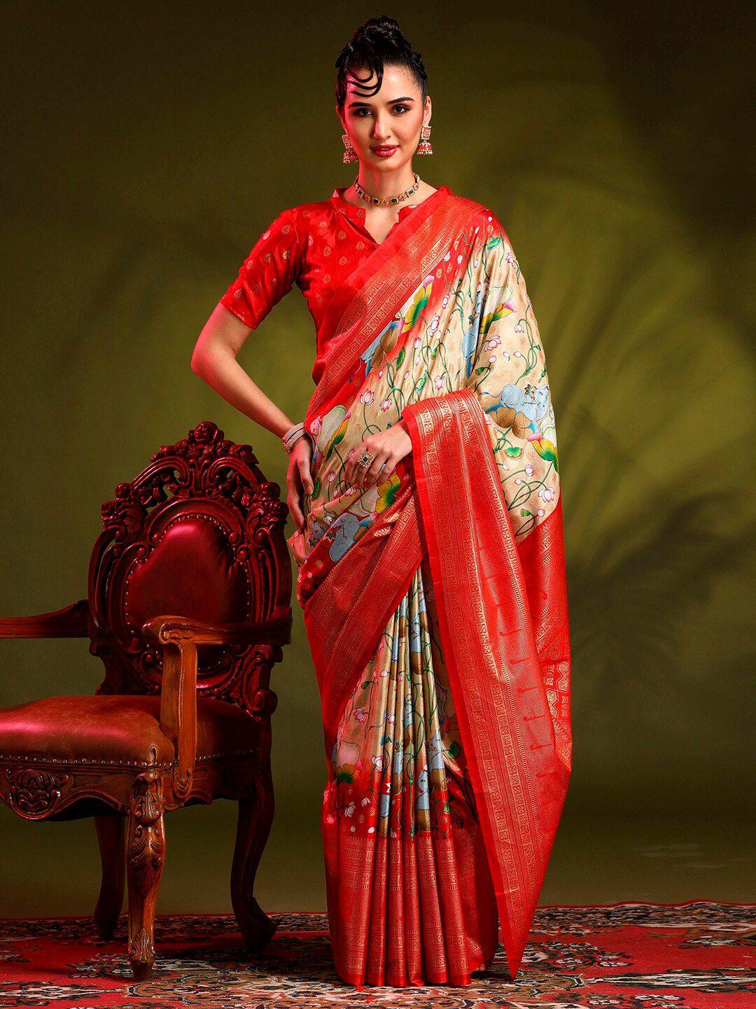 anouk beige & red ethnic motifs woven design zari saree