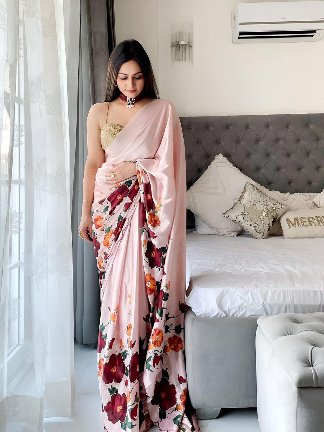 anouk beige & red floral satin saree