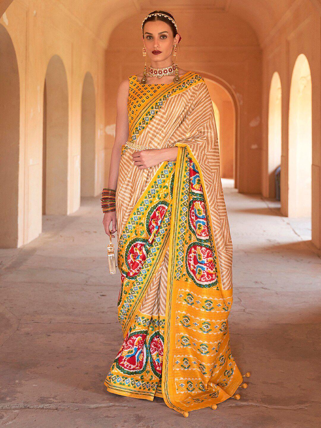 anouk beige & yellow beads and stones silk blend patola saree