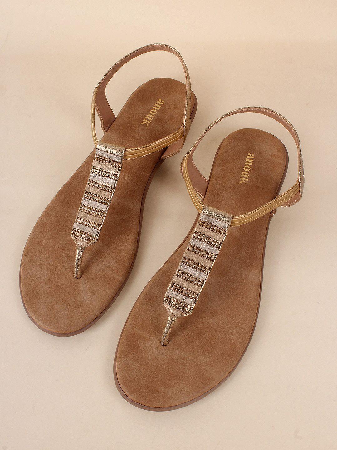 anouk beige embellished t-strap flats with backstrap