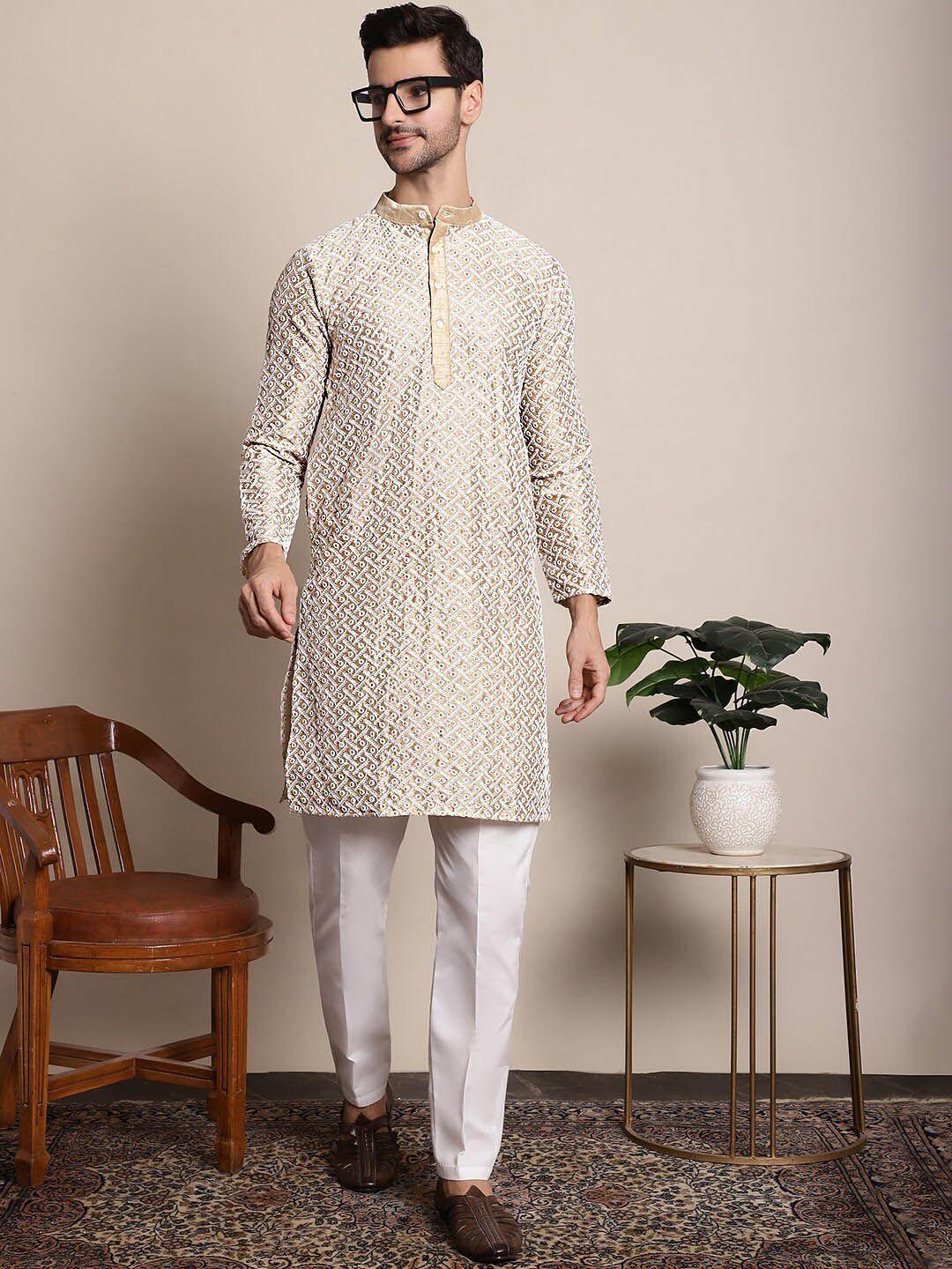 anouk beige ethnic motifs embroidered band collar jacquard dupion silk kurta