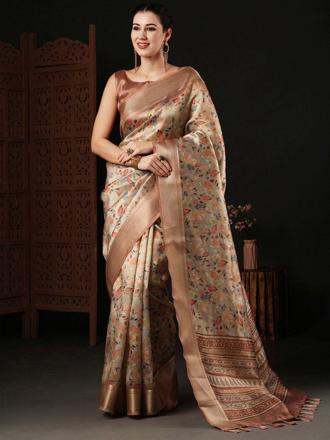 anouk beige ethnic motifs woven design zari sungudi saree