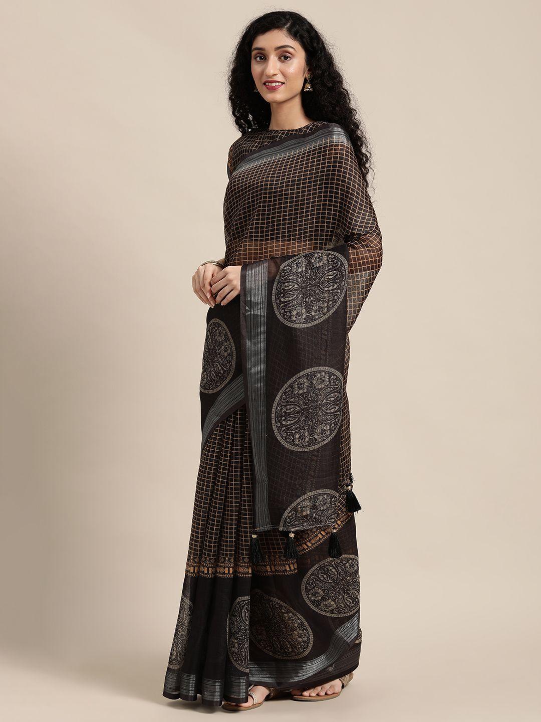 anouk black & beige checked pure linen saree