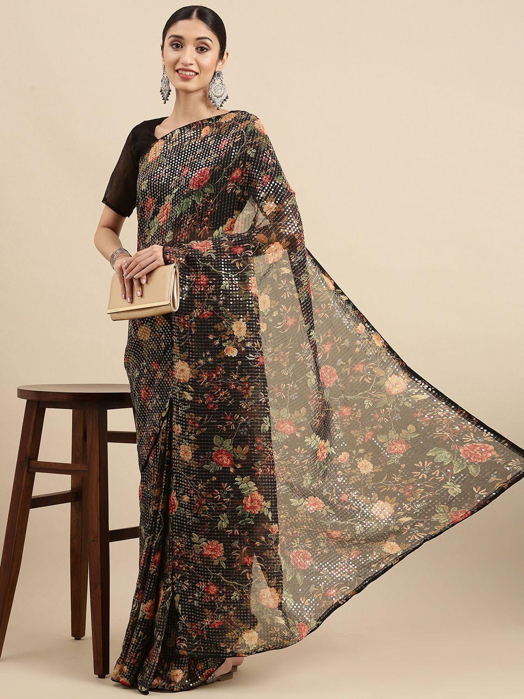 anouk black & beige floral sequinned pure georgette saree