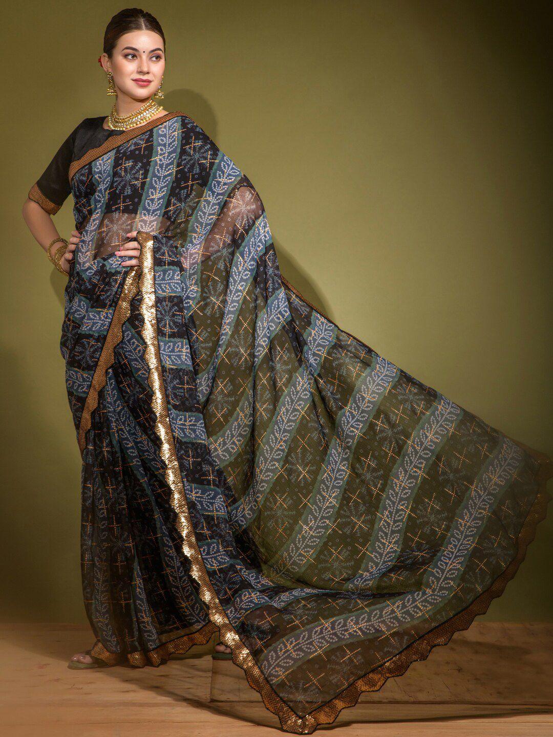 anouk black & blue bandhani printed sequinned pure georgette bandhani saree