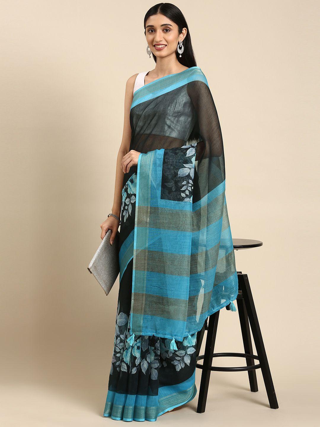 anouk black & blue ethnic motifs print pure linen saree