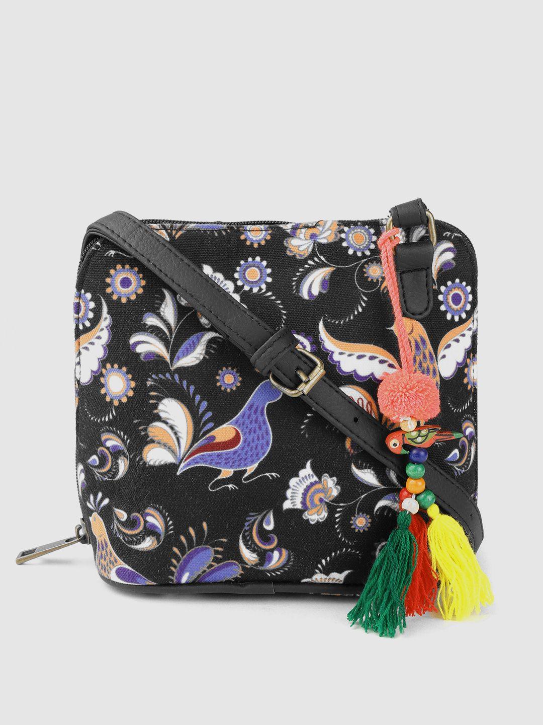 anouk black & blue ethnic motifs print sling bag with tasselled detail