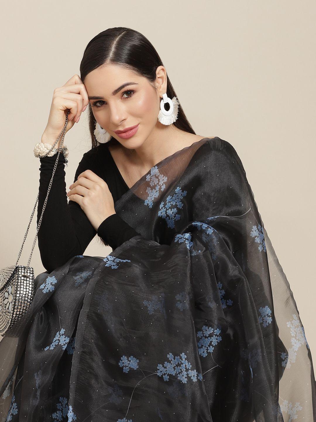 anouk black & blue floral print organza saree