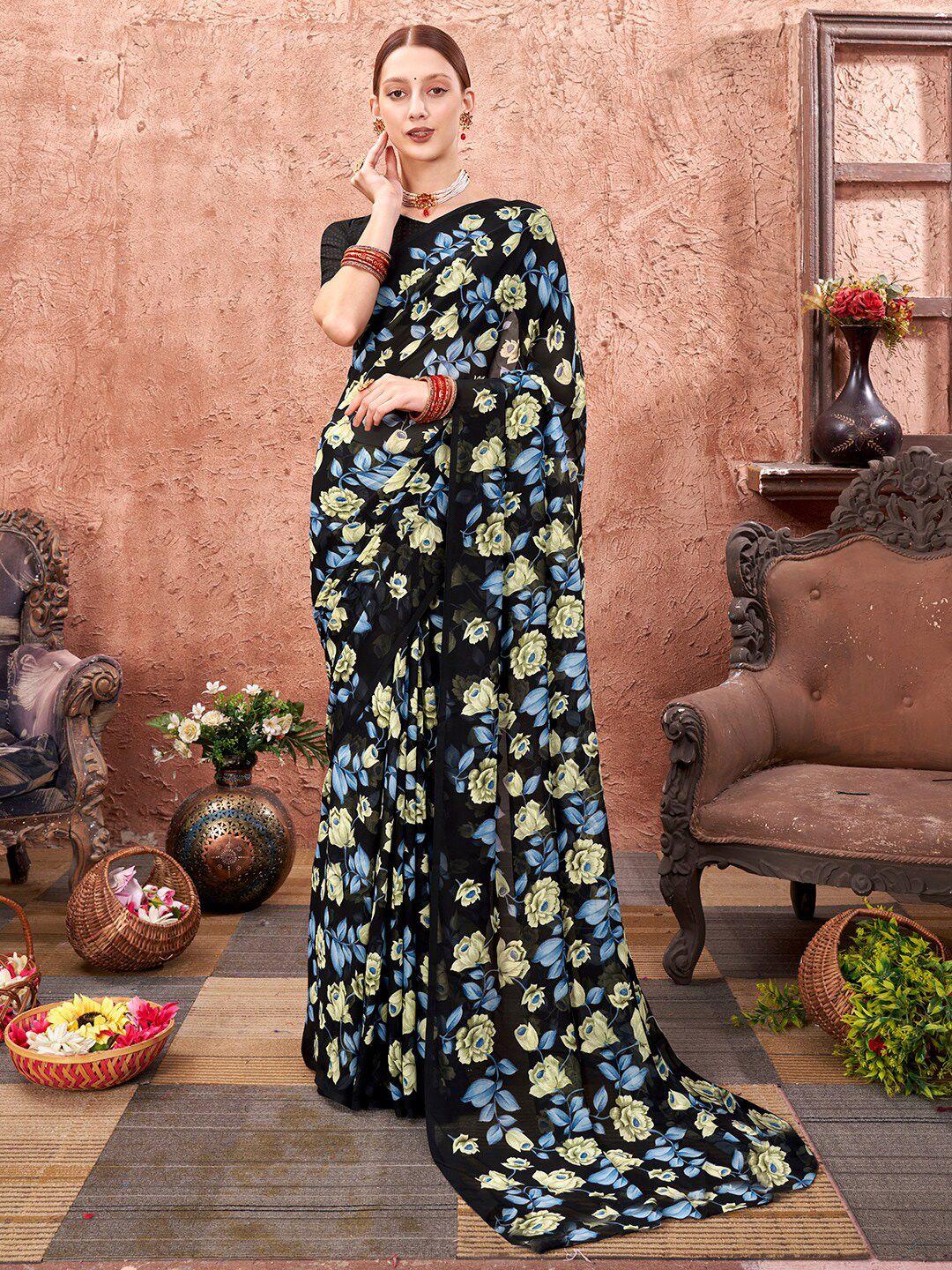 anouk black & blue floral printed saree