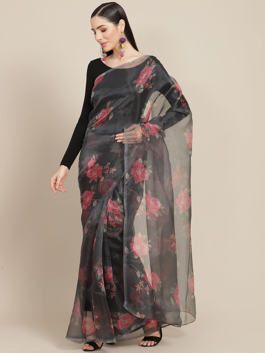 anouk black & coral red floral organza saree