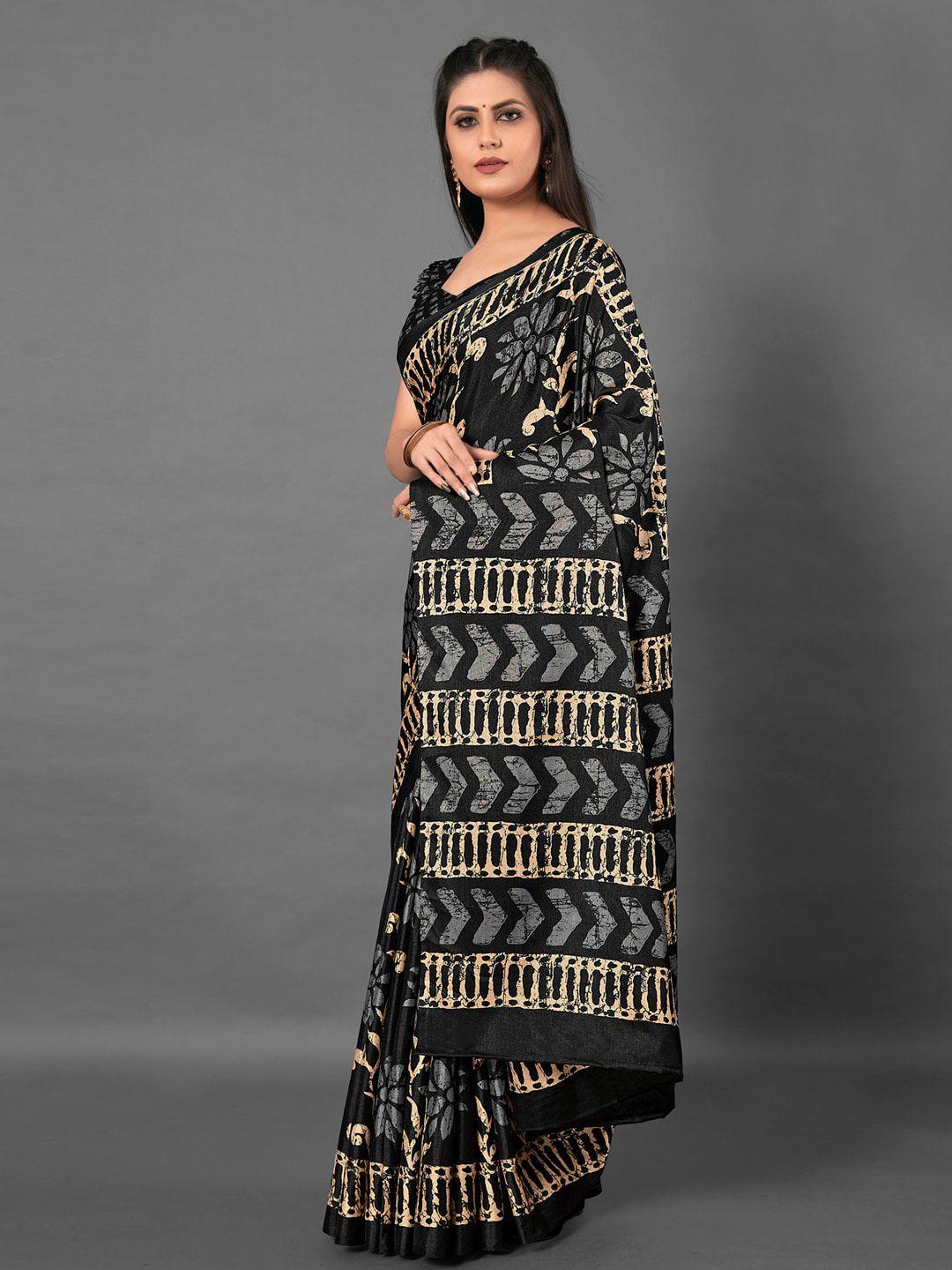 anouk black & cream-coloured floral printed block print saree