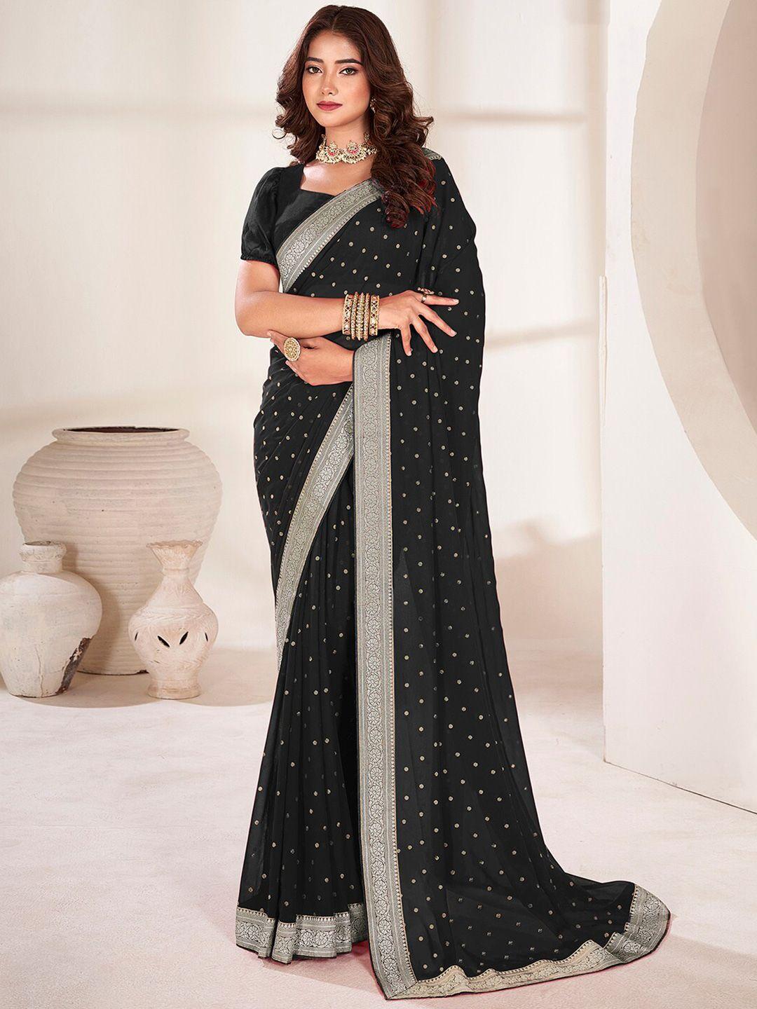 anouk black & gold-toned ethnic motif woven design zari pure georgette saree