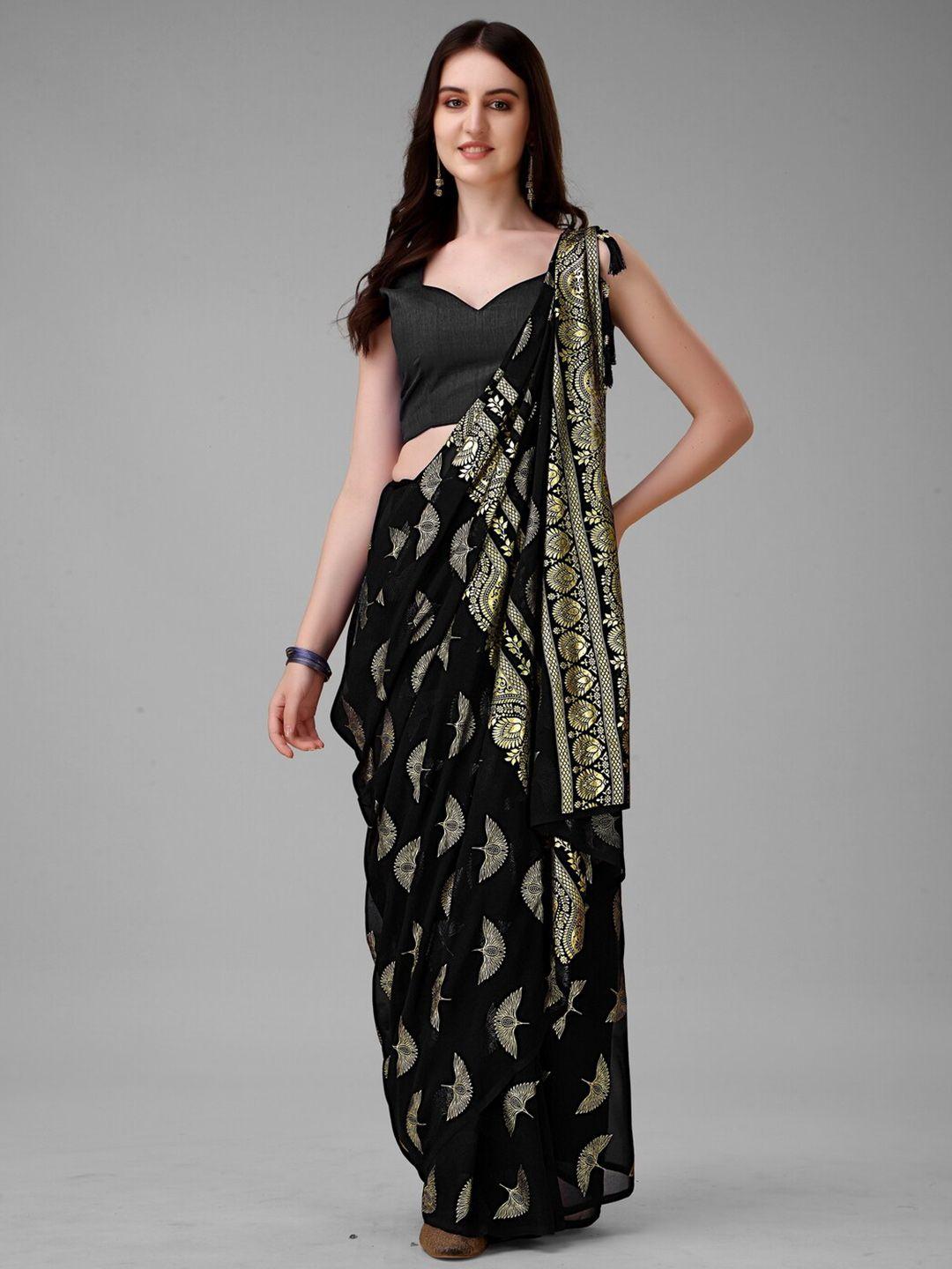 anouk black & gold-toned ethnic motifs printed pure georgette saree