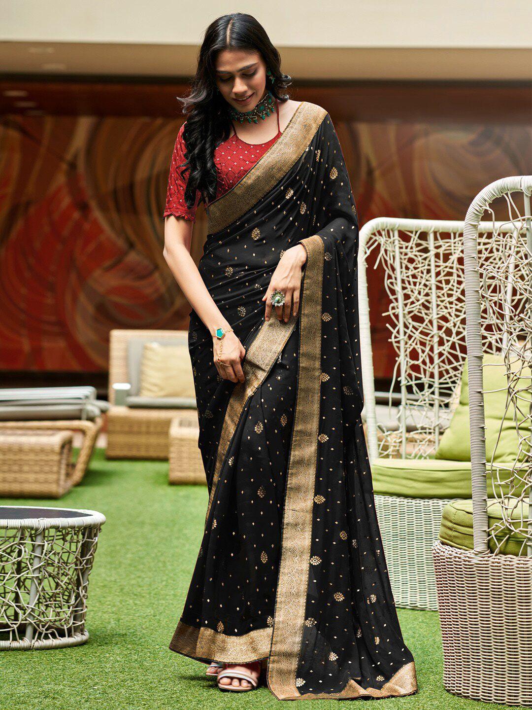 anouk black & gold-toned ethnic motifs woven design embroidered pure georgette saree