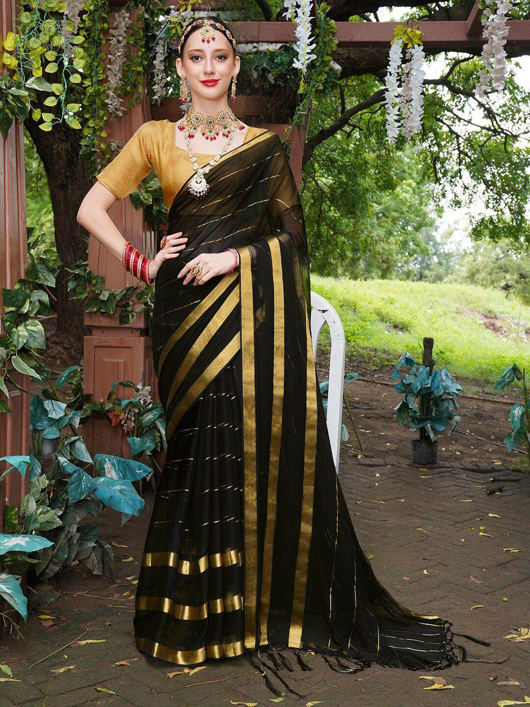 anouk black & gold-toned striped zari poly chiffon saree