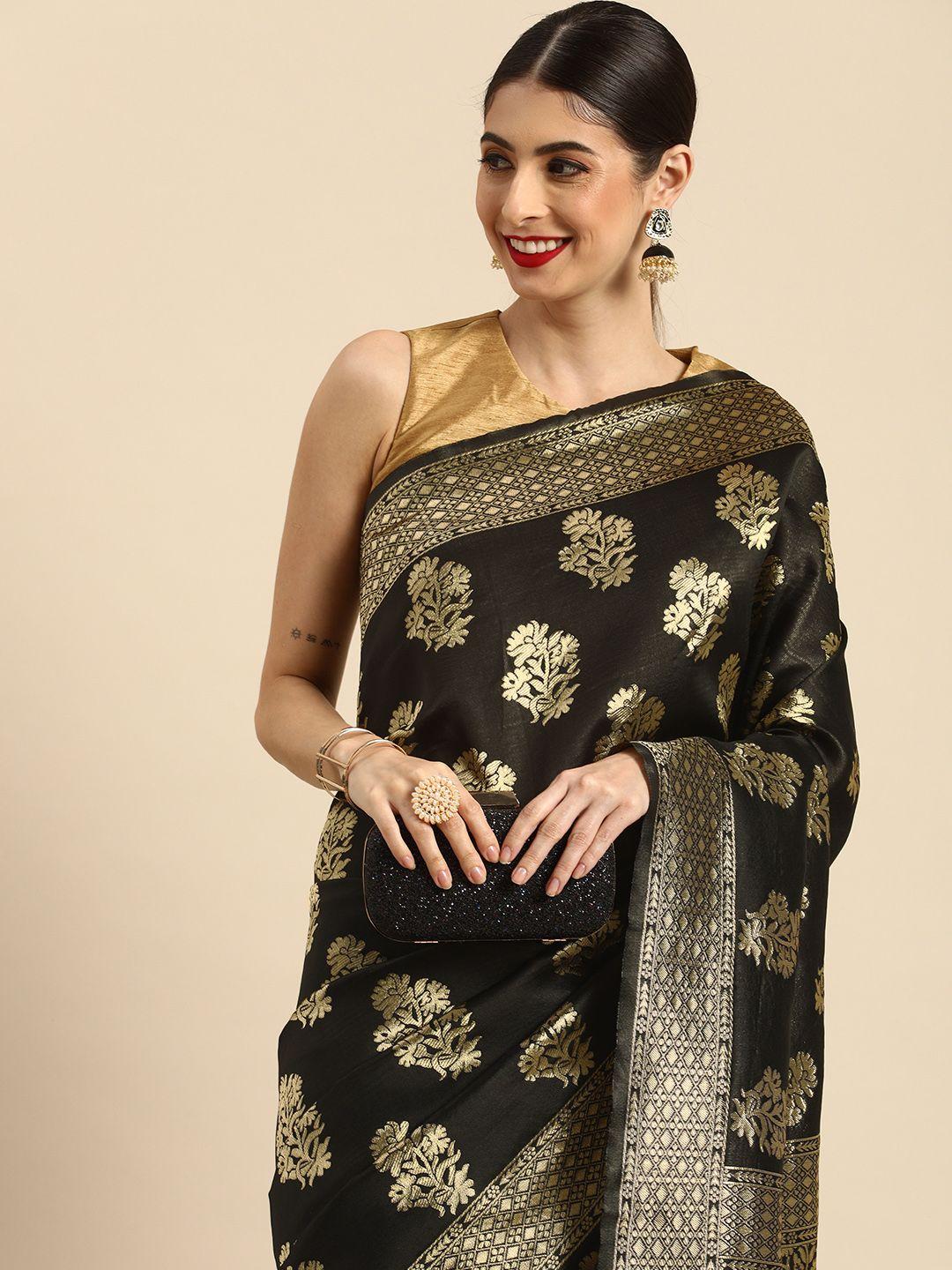 anouk black & gold-toned woven design zari silk blend  banarasi saree